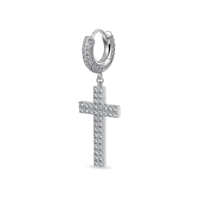 Cross Earring (with Two-Row Gems)-925 Silver dangly cross earring - APORRO
