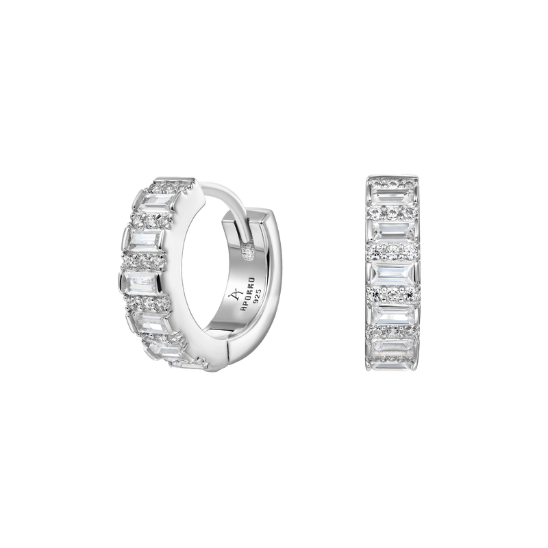 Baguettes Hoop Moissanite Earring-Men & Women's white gold hoop silver earring - APORRO
