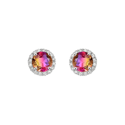S925 Round-Cut Gradient Tourmaline Halo Stud Earring