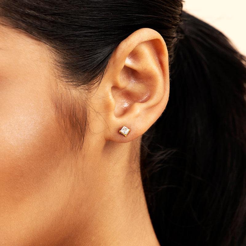 Solid Gold Princess Cut Stud Earring - APORRO