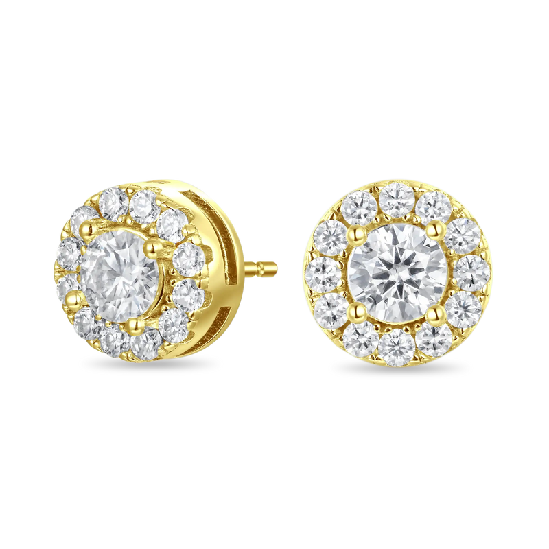 Halo Round Cut Stud Earrings - Yellow Gold - APORRO