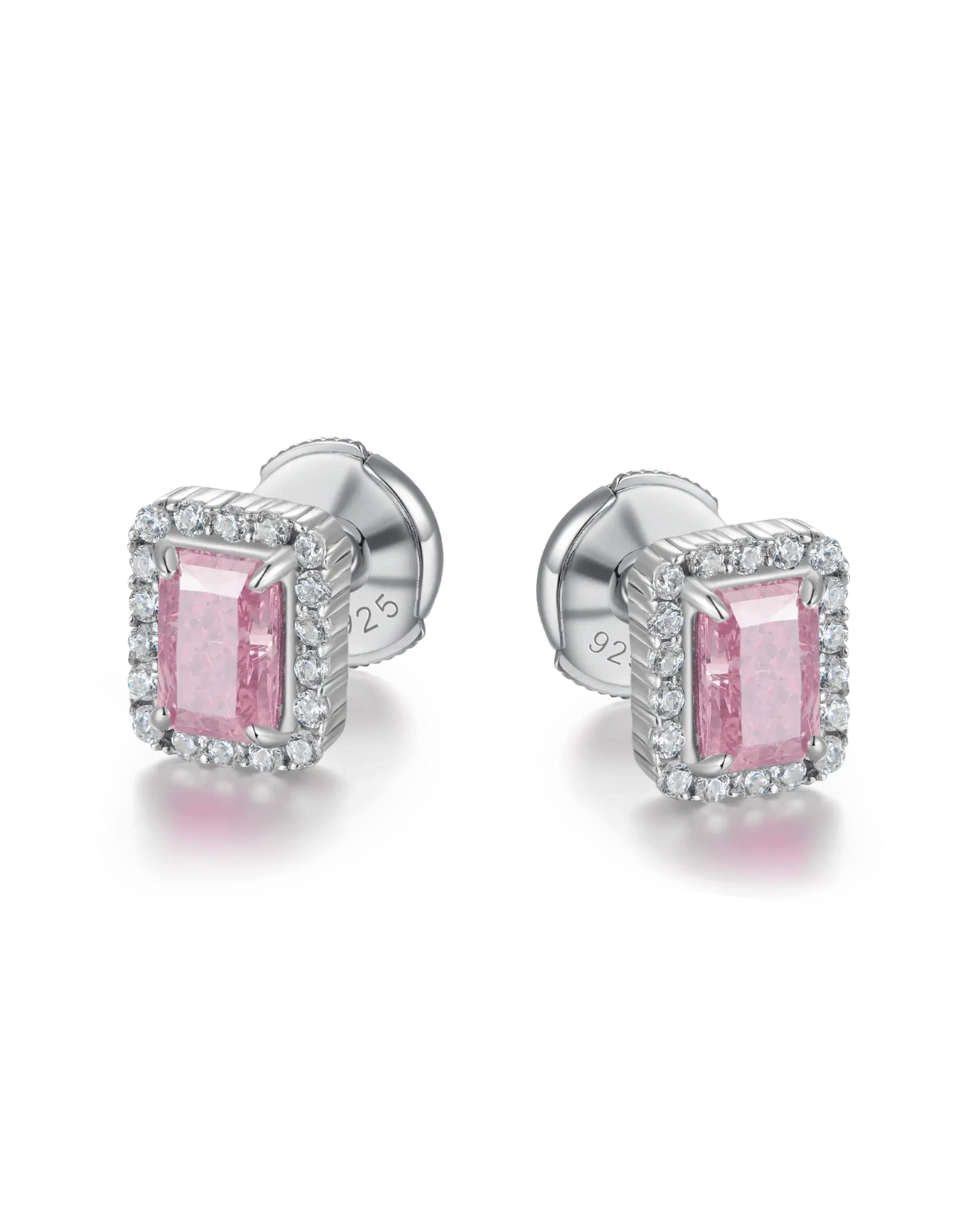 S925 Crushed Ice Emerald Cut Stud Earring - Fancy Light Pink