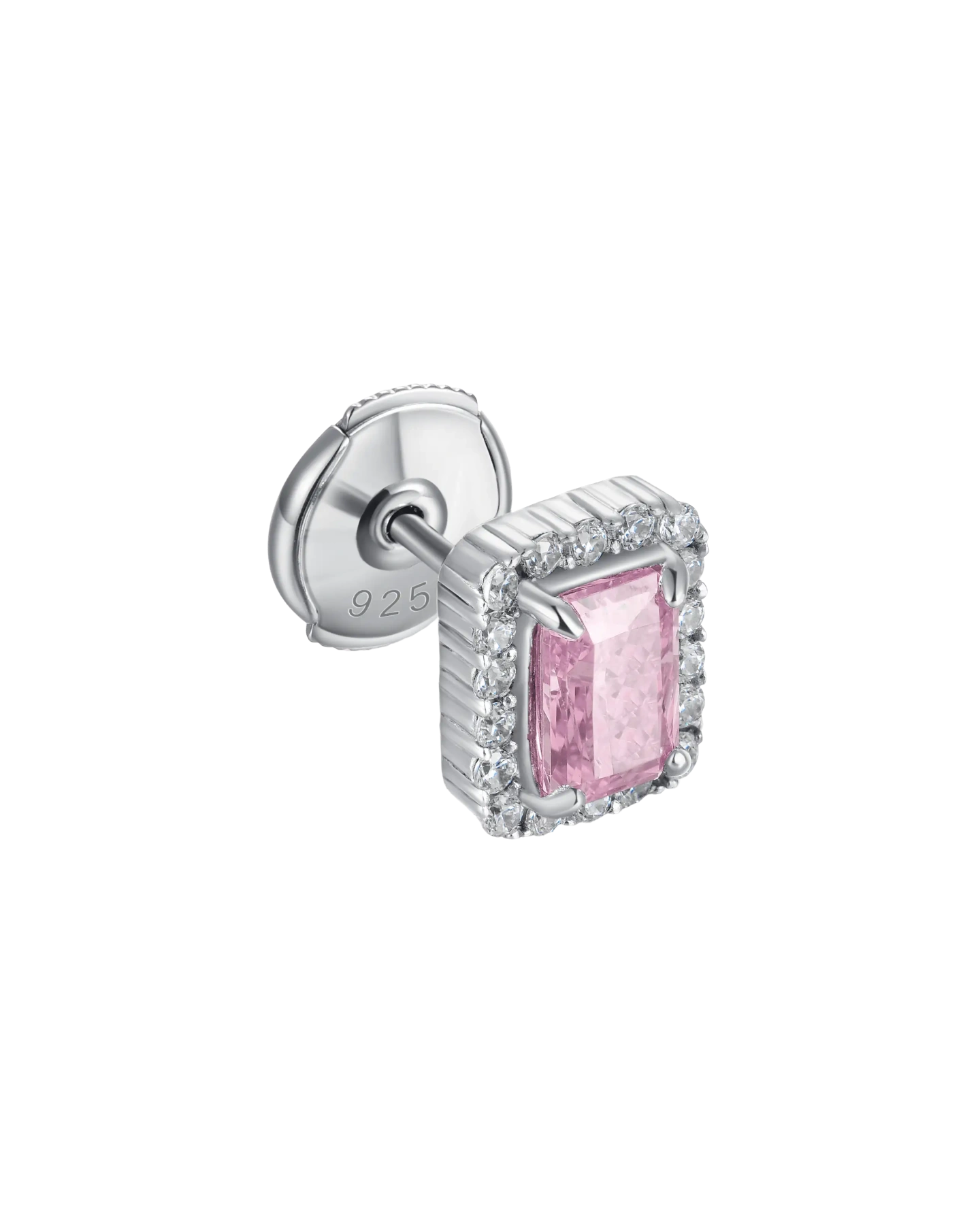S925 Crushed Ice Emerald Cut Stud Earring - Fancy Light Pink