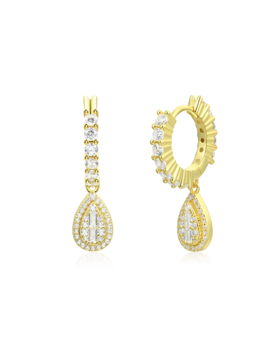 S925 Teardrop Baguette Mix Halo Dangly Earrings - Pair