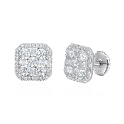 Lab diamond S925 Octagon Baguette Mix Halo Stud Earrings - Pair