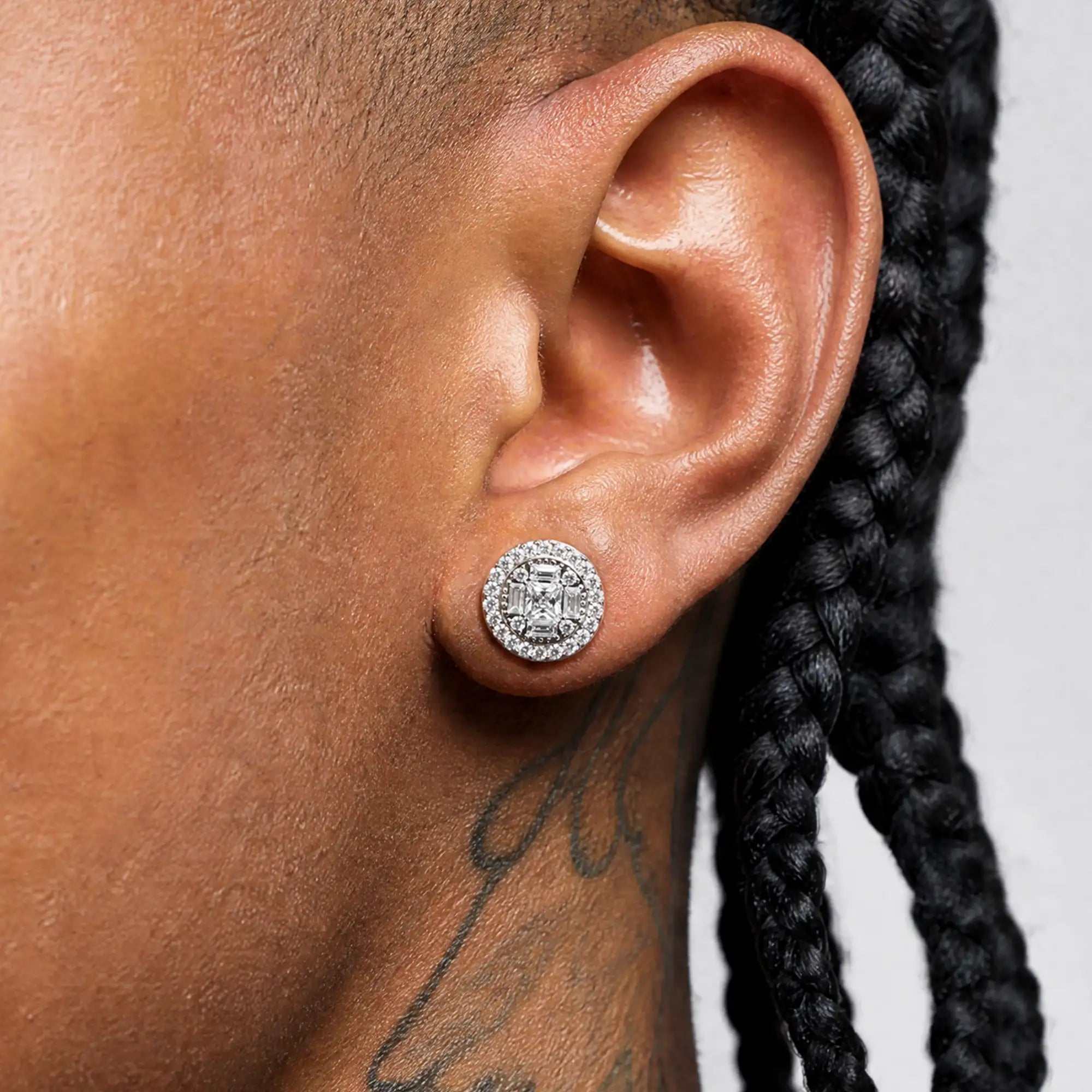 Baguette Mix Round Cut Halo Stud Earrings - Single