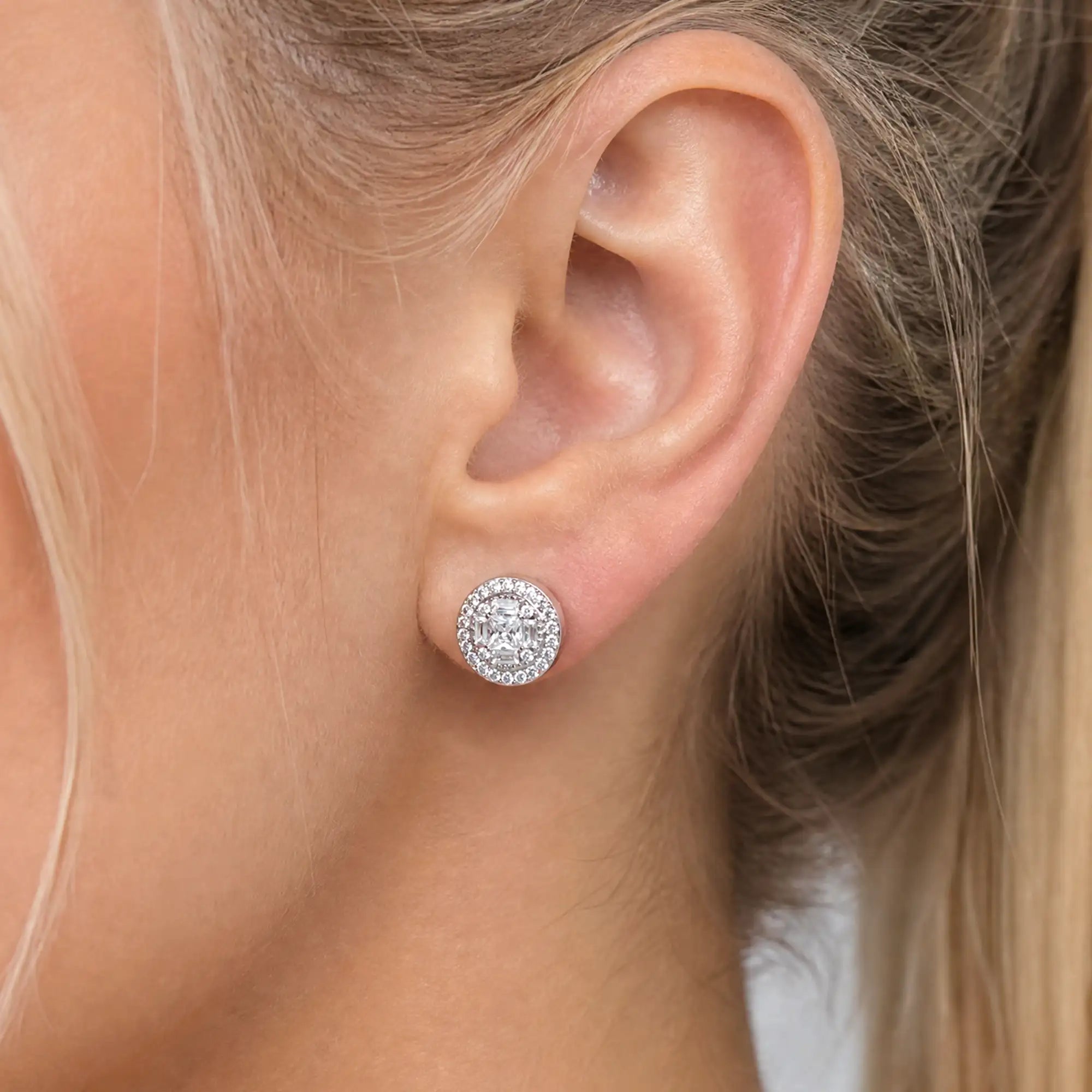 Baguette Mix Round Cut Halo Stud Earrings - Single