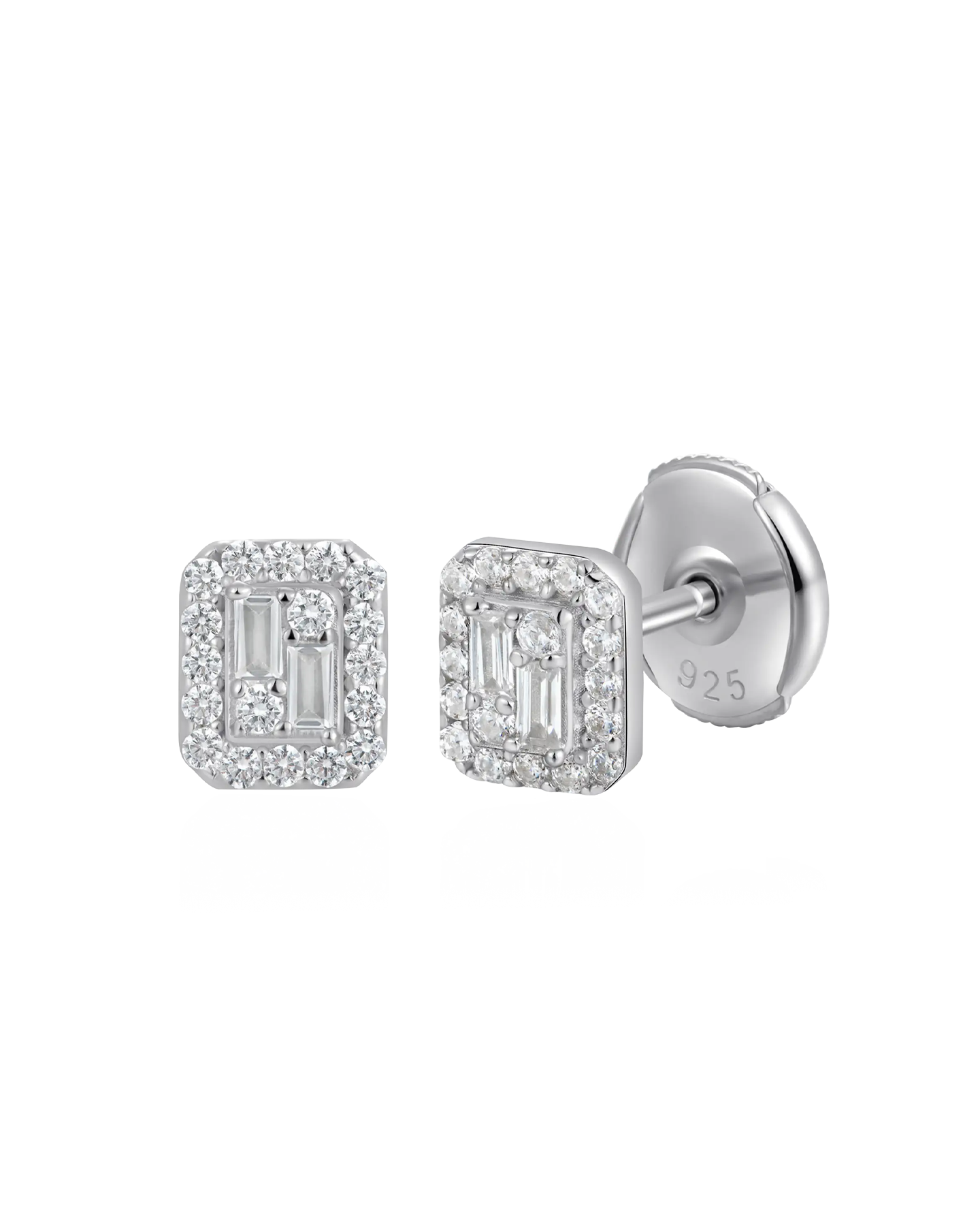 S925 Emerald Cut Mix Halo Stud Earrings - Pair