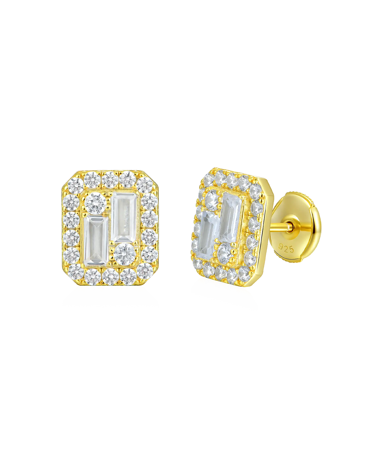 S925 Emerald Cut Mix Halo Stud Earrings - Pair