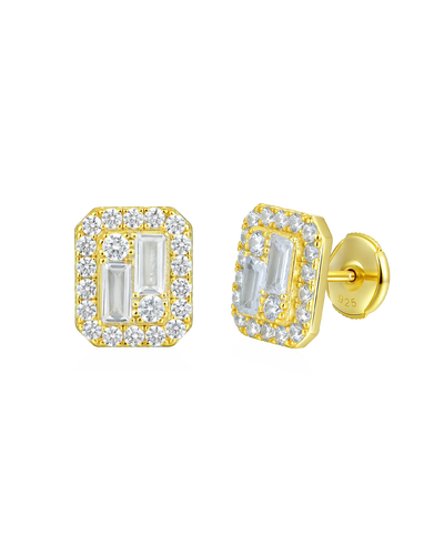 S925 Emerald Cut Mix Halo Stud Earrings - Pair