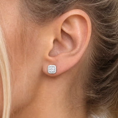 S925 Octagon Baguette Mix Halo Stud Earrings - Pair