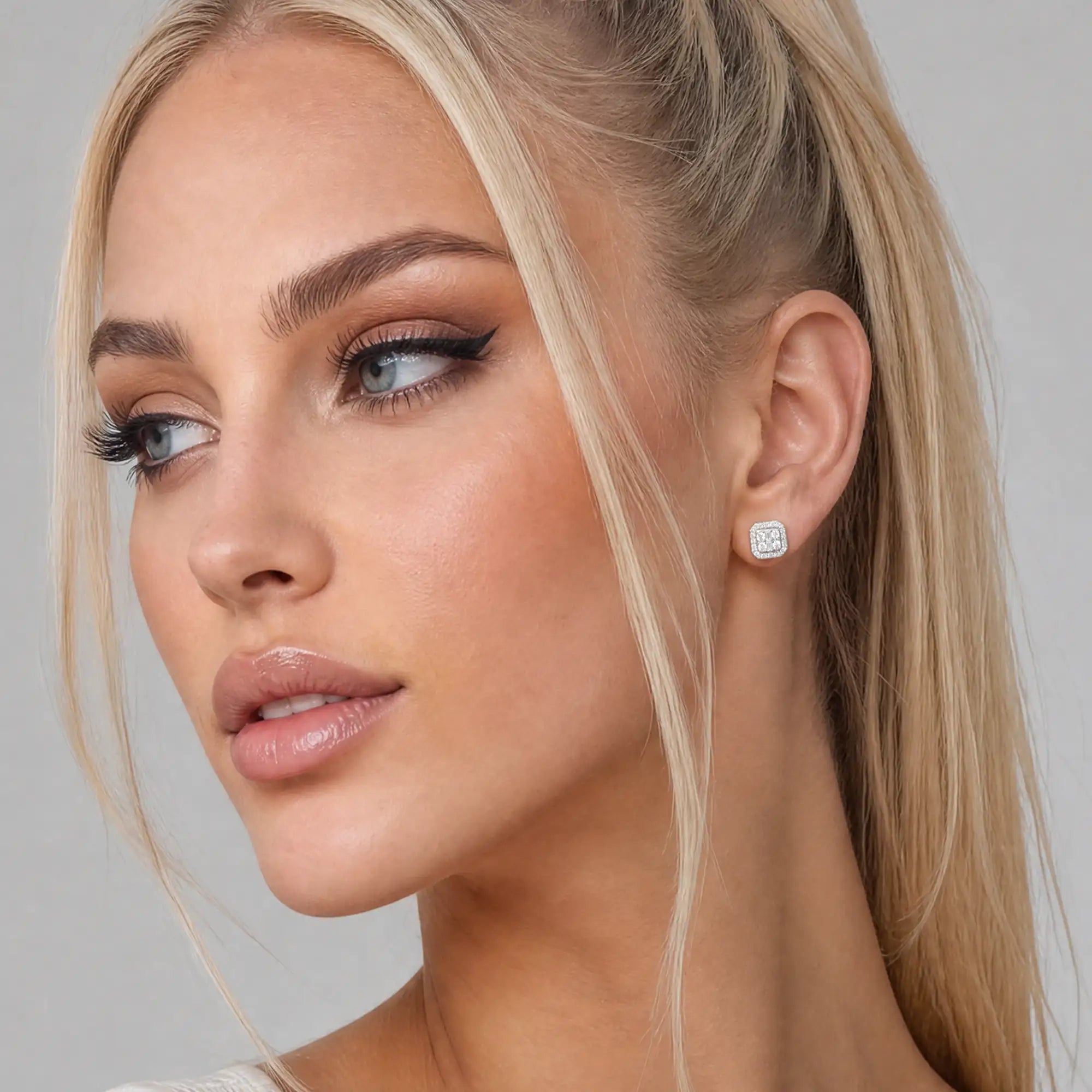 S925 Octagon Baguette Mix Halo Stud Earrings - Pair