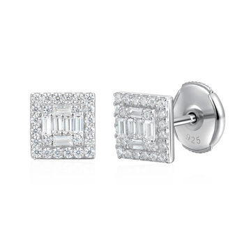 Square Baguette Mix Halo Stud Earrings - Pair