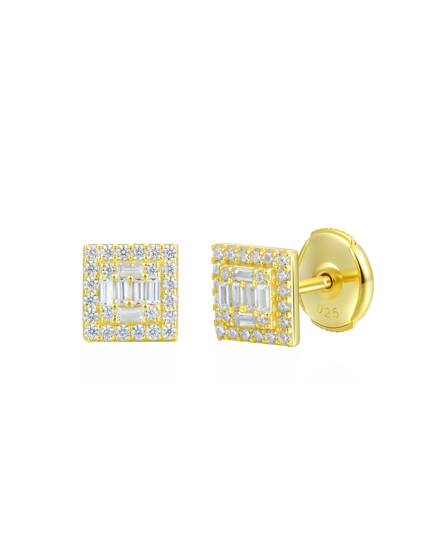 S925 Square Baguette Mix Halo Stud Earrings - Pair