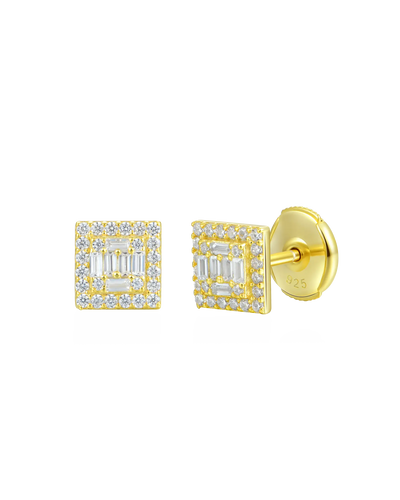 S925 Square Baguette Mix Halo Stud Earrings - Pair