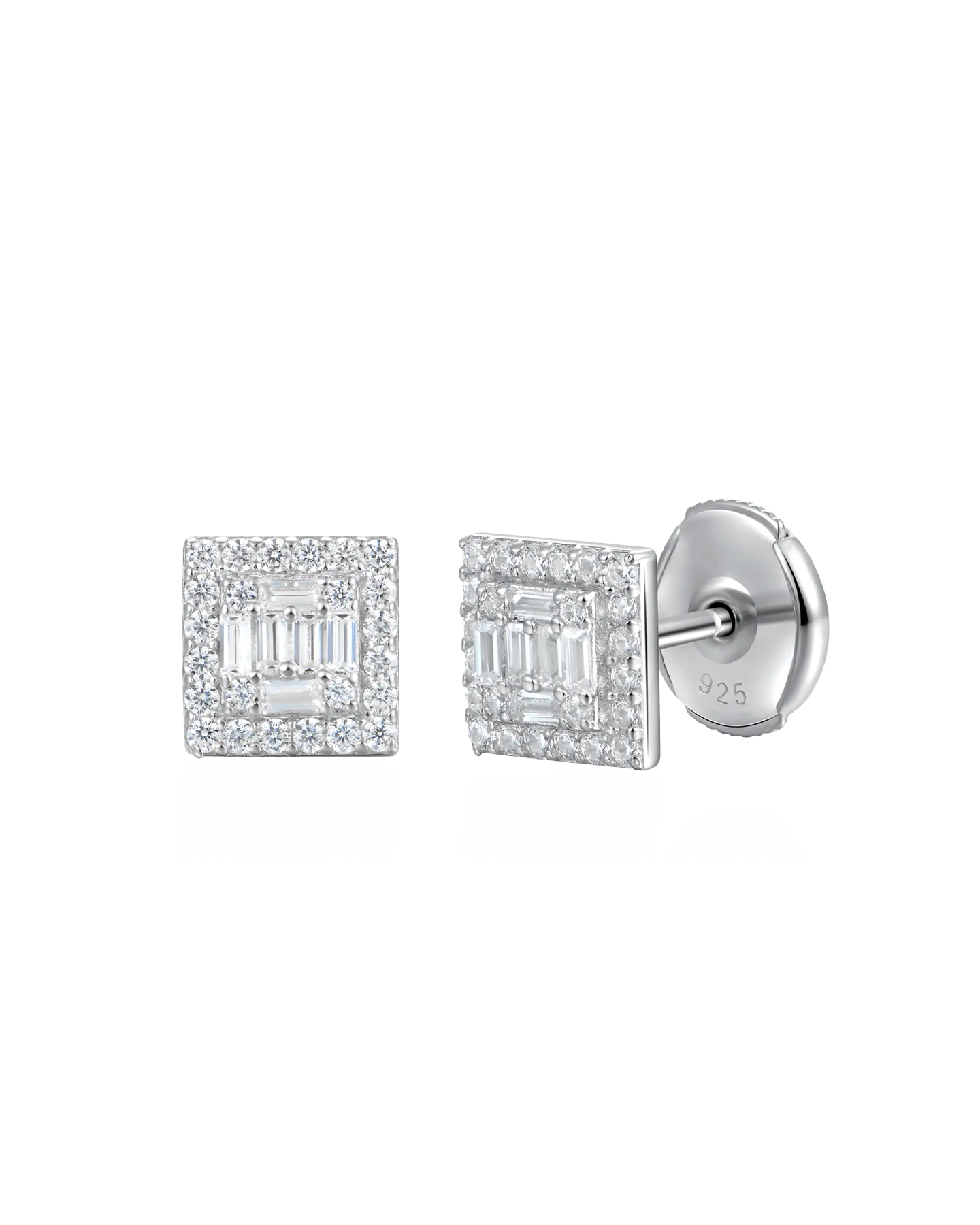 S925 Square Baguette Mix Halo Stud Earrings - Pair