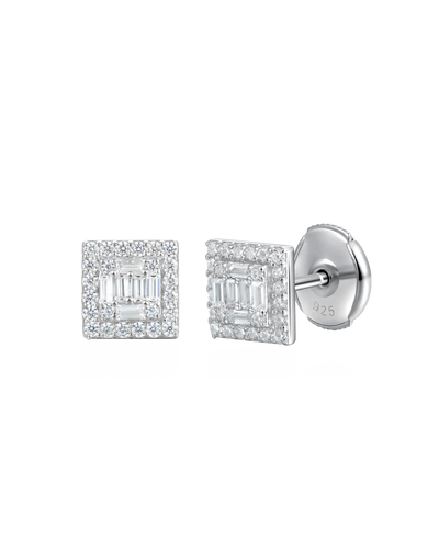 S925 Square Baguette Mix Halo Stud Earrings - Pair