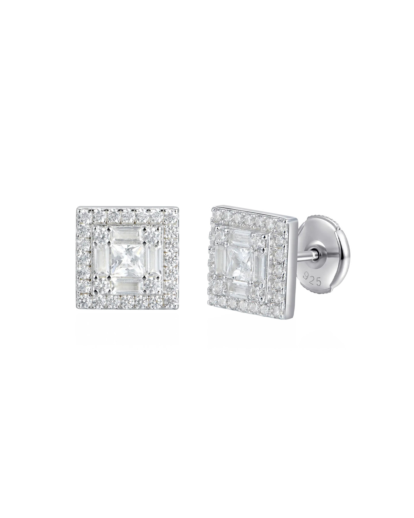 S925 Square Baguette Mix Halo Stud Earrings - Pair