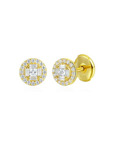 Single Baguette Mix Round Cut Halo Stud Earrings