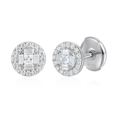 Baguette Mix Round Cut Halo Stud Earring - Single