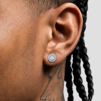 S925 Baguette Mix Round Cut Halo Stud Earrings - Pair