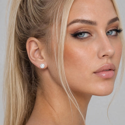 S925 Baguette Mix Round Cut Halo Stud Earrings - Pair