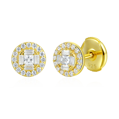 Baguette Mix Round Cut Halo Stud Earring - Single