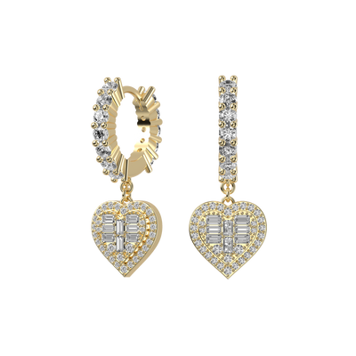 S925 Heart Baguette Mix Halo Dangly Earrings - Pair