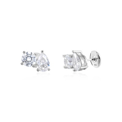 Moissanite S925 Toi et Moi Round & Pear Stud Earrings