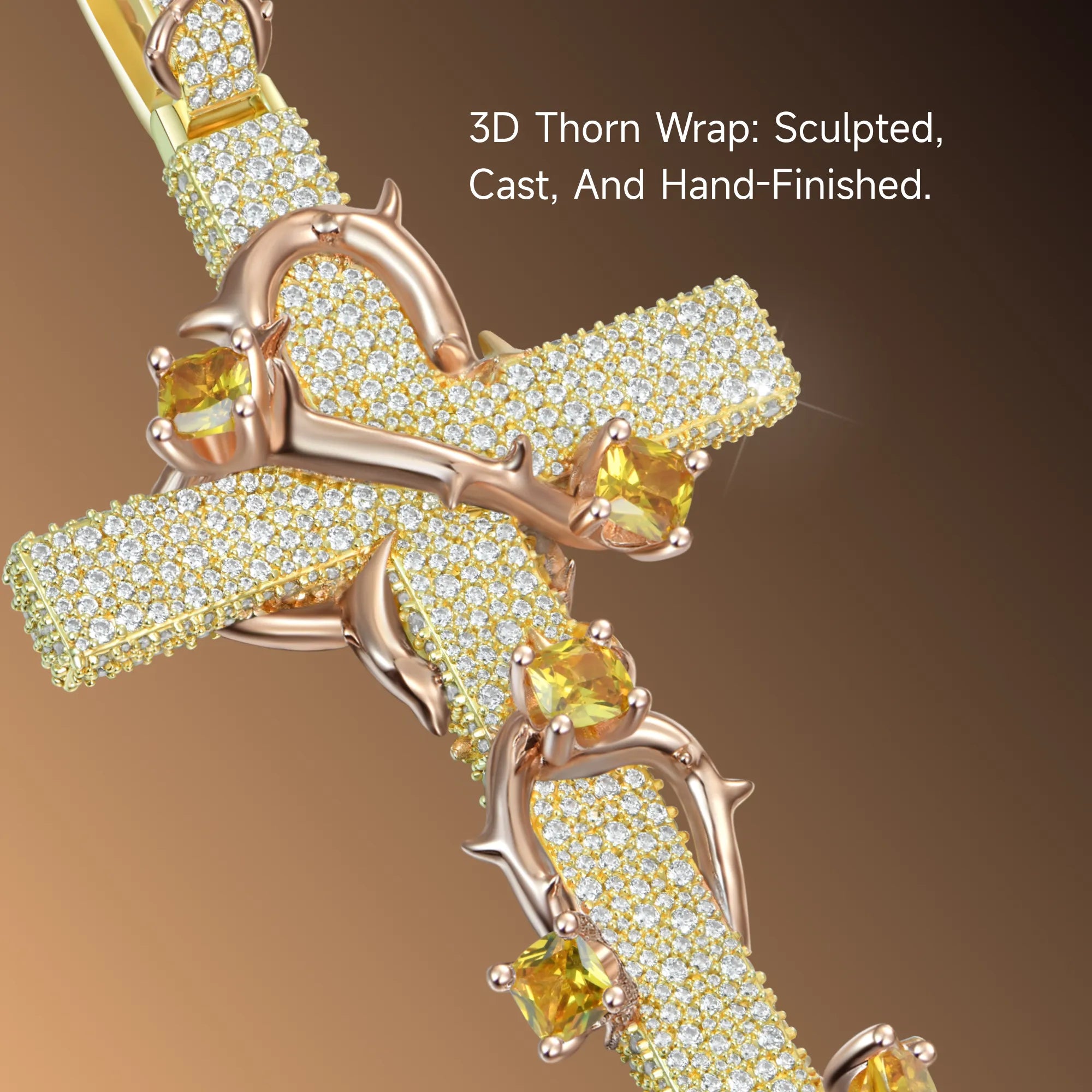 Moissanite Pave Set Thorned Rose Cross Pendant