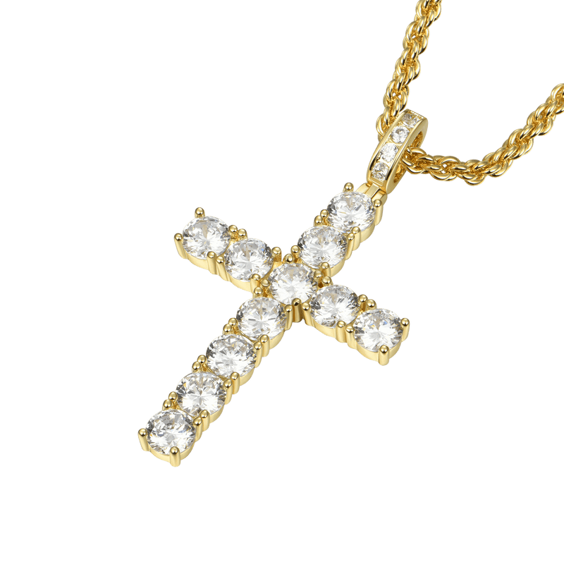 14K Gold Iced Out Tennis Cross - Religious Jewels - APORRO