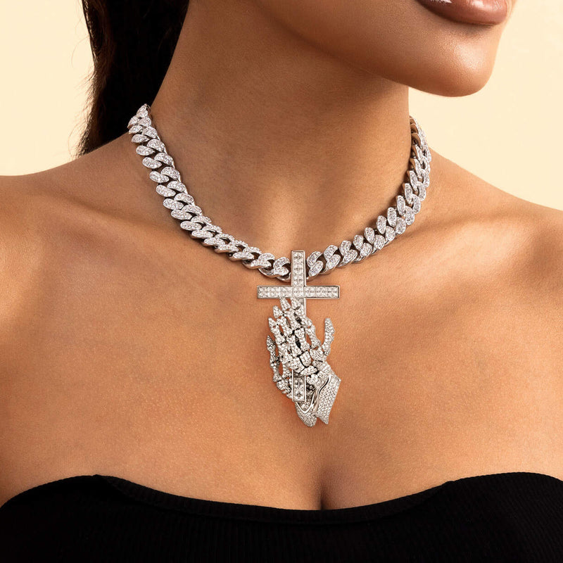 Cross Praying Skeleton Hands Pendant - APORRO