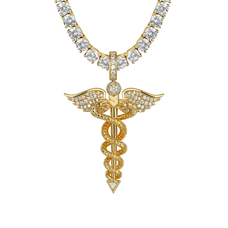 18K Gold/ White Gold Iced Moissanite Staff of Hermes Pendant-Aporro - APORRO