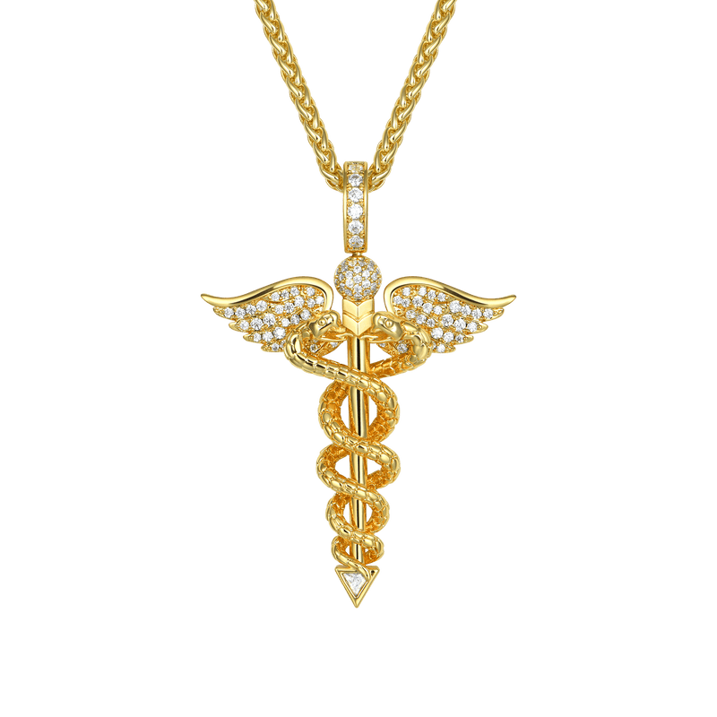 18K Gold/ White Gold Iced Moissanite Staff of Hermes Pendant-Aporro - APORRO