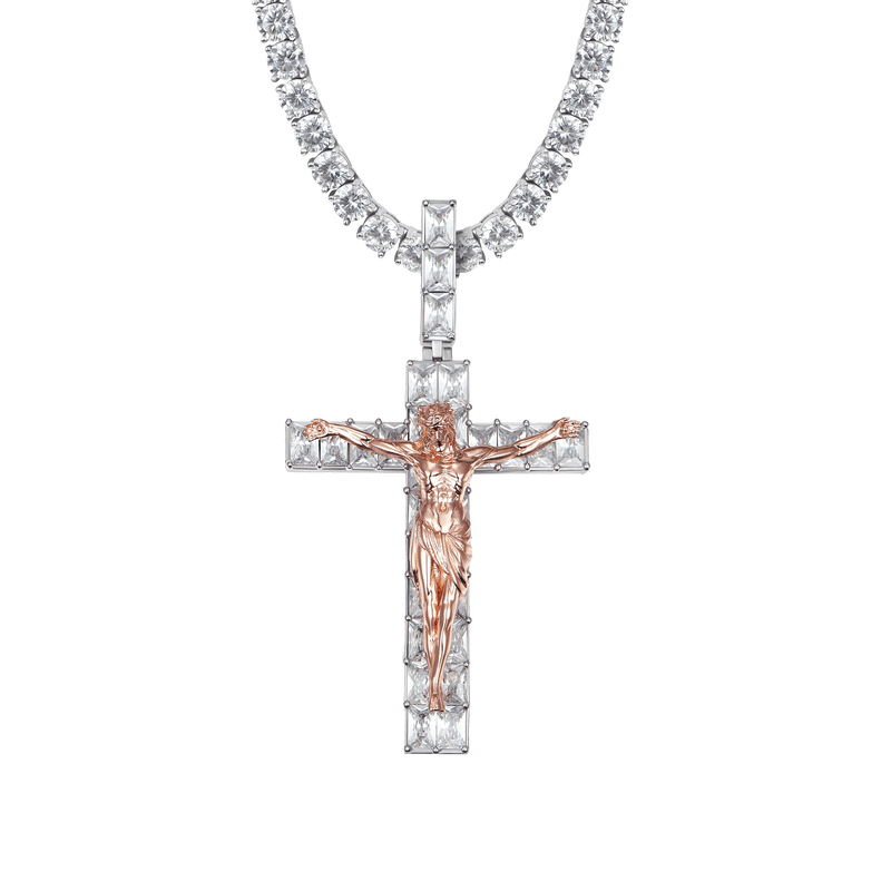 White And Rose Gold Moissanite Small Crucifixion of Jesus Pendant - APORRO