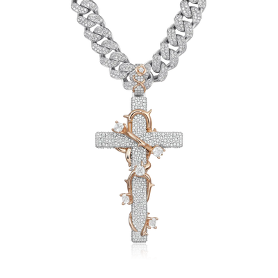 Pave Set Thorned Rose Cross Pendant