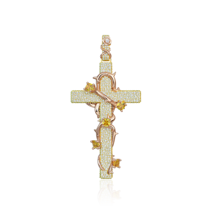 Moissanite Pave Set Thorned Rose Cross Pendant