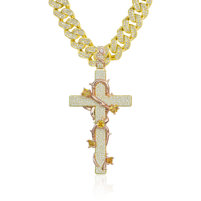 Pave Set Thorned Rose Cross Pendant