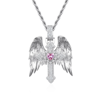 Moissanite Guardian Wings Cross Pendant - Medium
