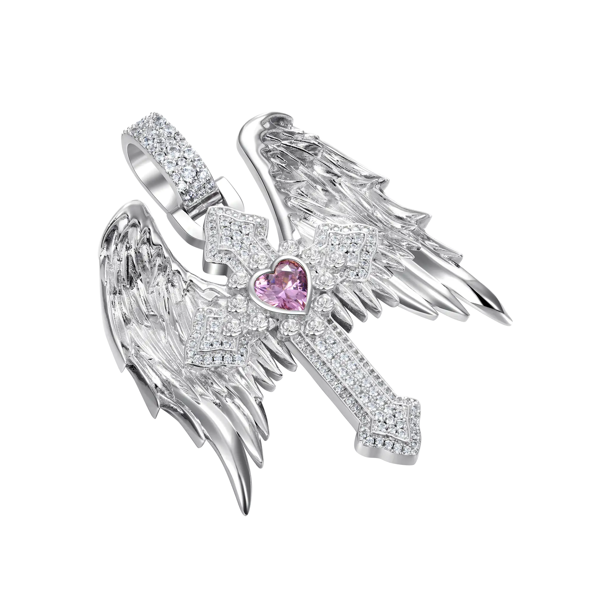 Moissanite Guardian Wings Cross Pendant - Medium