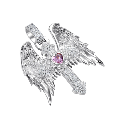 Moissanite Guardian Wings Cross Pendant - Medium