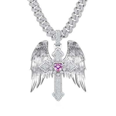 Moissanite Guardian Wings Cross Pendant - Large