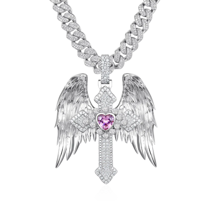 Moissanite Guardian Wings Cross Pendant - Large