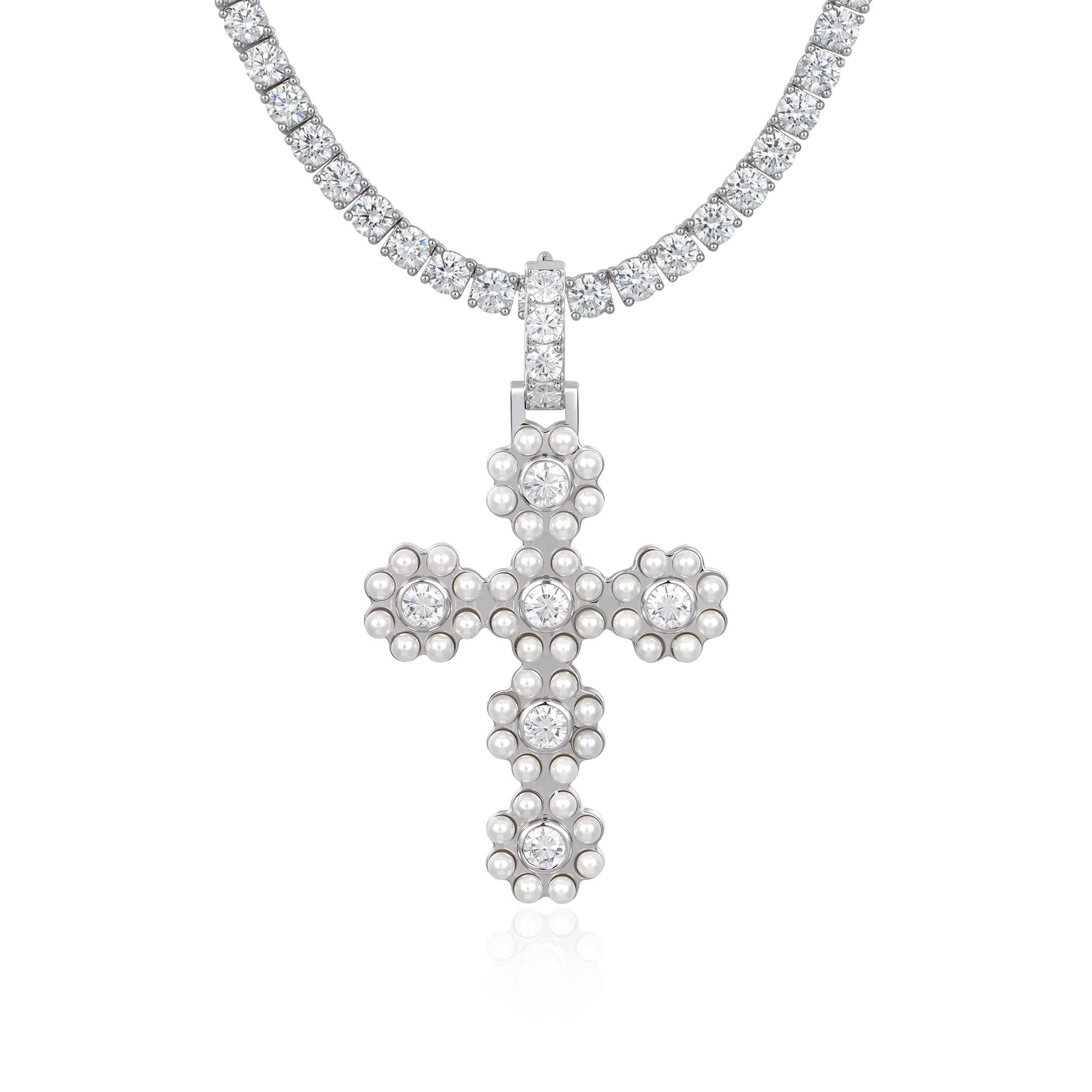 Halo Pearl Brilliant Cross Pendant