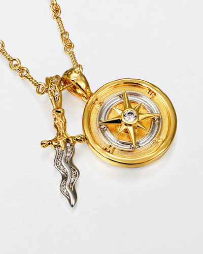 22K Melted Dagger & Compass Pendant Set