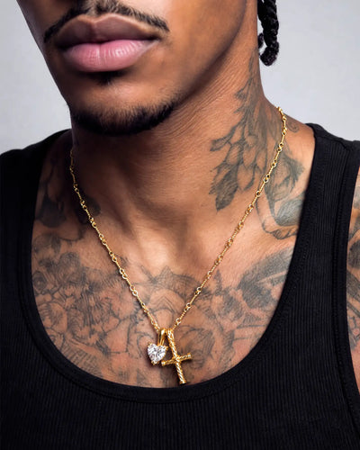 22K Heart-Shaped Cut & Twisted Cross Pendant Set