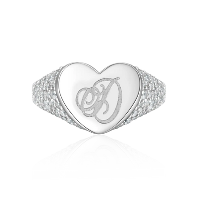 Custom Iced Heart Signet Ring - Letter