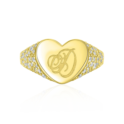 Custom Iced Heart Signet Ring - Letter