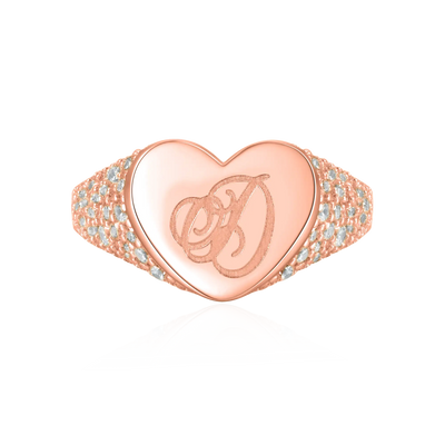 Custom Iced Heart Signet Ring - Letter