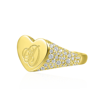 Custom Iced Heart Signet Ring - Letter